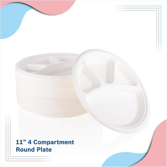 Disposable Meal Tray 11", 4 Compartments - Compostable Bagasse Plates Biodegradable Sugarcane Disposal Plate for Dinner Natural & Eco Friendly Non-Absorbent Heavy Duty My Store